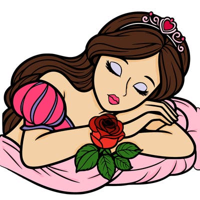 a fairytale princess sleeping with her hands crossed on her chest and a rose on her chest realistic