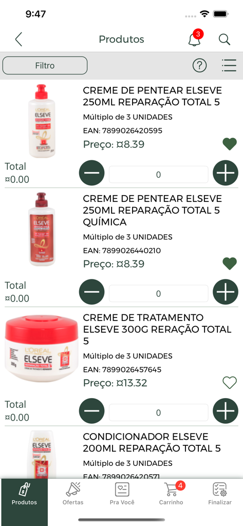 Aplicación móvil Dag Distribuidor que muestra una lista de productos para el cuidado del cabello de L'Oreal al por mayor