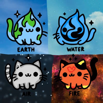 4 cats that represent the different elements, earth, water, air, and fire