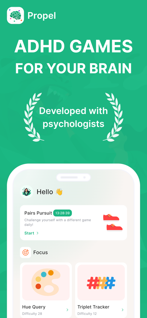 Propel app dashboard showing ADHD brain training games for focus and logic puzzles