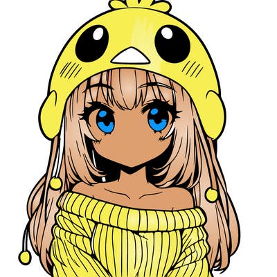 anime girl with chick shaped hat with sweater with bare shoulders with bangs covering them one eye with low tail
