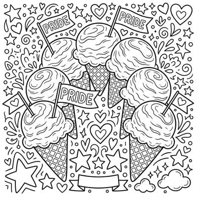 Indulge in a sweet celebration of diversity and joy with this festive coloring page featuring multiple ice cream scoops. Each scoop is ready to be adorned with vibrant colors, perfect for marking Pride Month.