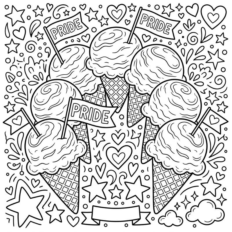 Indulge in a sweet celebration of diversity and joy with this festive coloring page featuring multiple ice cream scoops. Each scoop is ready to be adorned with vibrant colors, perfect for marking Pride Month.
