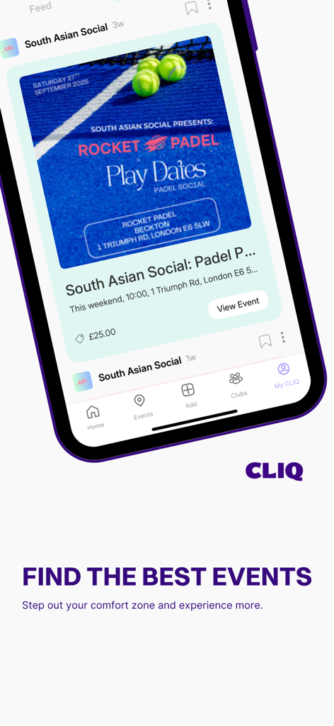 Smartphone-Bildschirm mit der CLIQ App-Oberfläche zur Suche nach lokalen Events und sozialen Treffen
