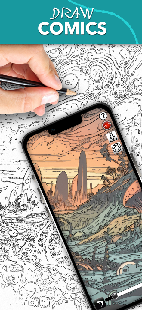 Camera Lucida™: AR Drawing - 사람이 스마트폰에서 Camera Lucida 앱을 사용하여 AR 오버레이를 따라 복잡한 만화 풍경을 스케치하고 있습니다.