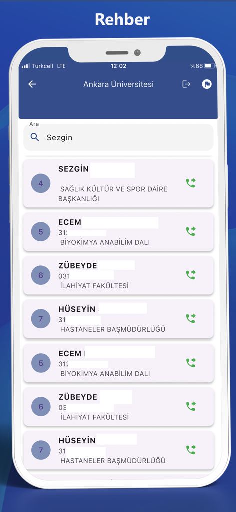 Ankara University mobile app directory screen showing a list of staff members and their departments