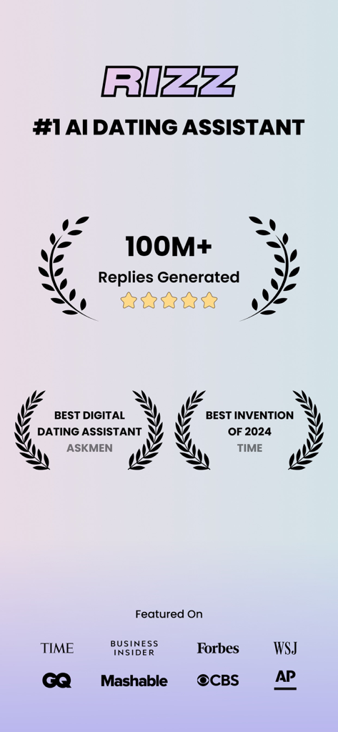 RIZZ - Pantalla promocional del asistente de citas RIZZ AI con premios de Time y AskMen, además de logotipos de Forbes y Wall Street Journal