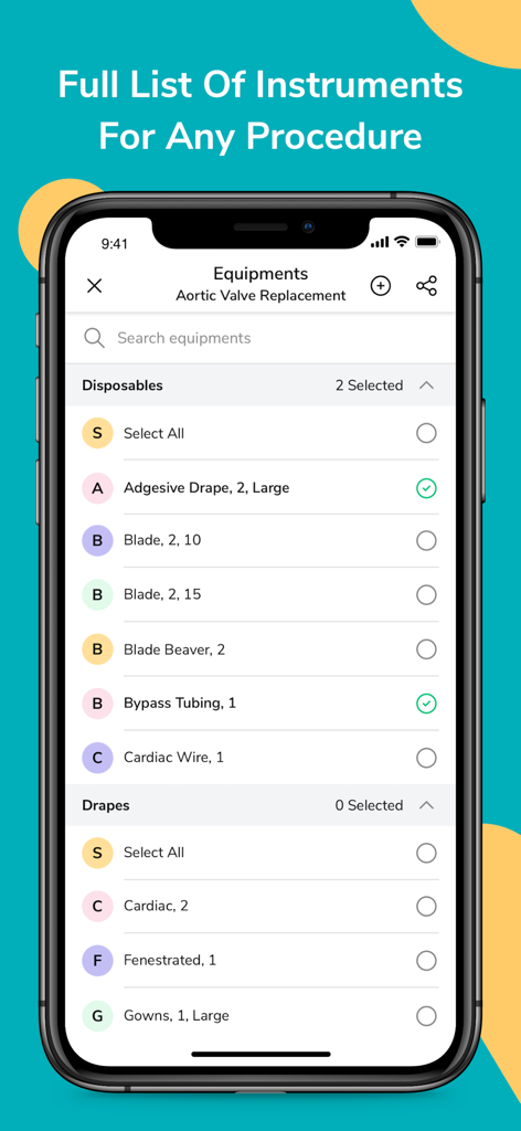 ScrubUp Surgical Procedures - A checklist of instruments and disposables for an aortic valve replacement procedure in the ScrubUp app