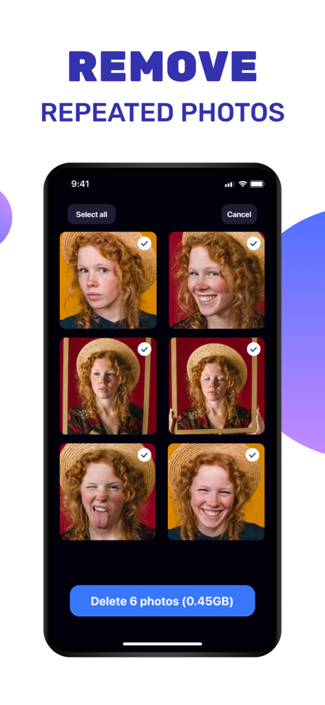 ABC AI Security Cleaner - Interfaz de la aplicación ABC AI Security Cleaner para seleccionar y eliminar fotos repetidas y liberar espacio de almacenamiento