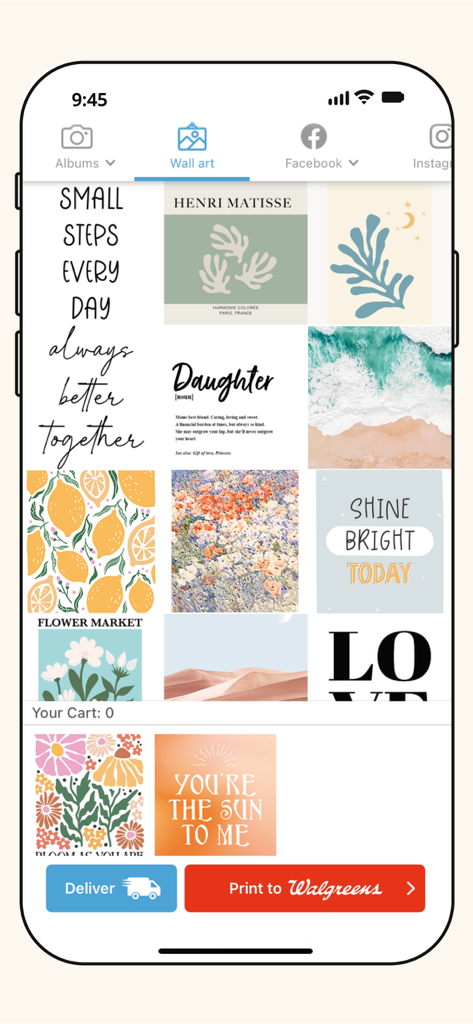 Printicular app screen showing aesthetic wall art and poster options for photo printing and Walgreens pickup