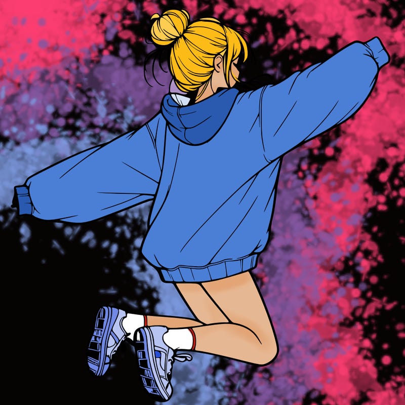 realistic girl jumping with a bun and oversized sweatshirt