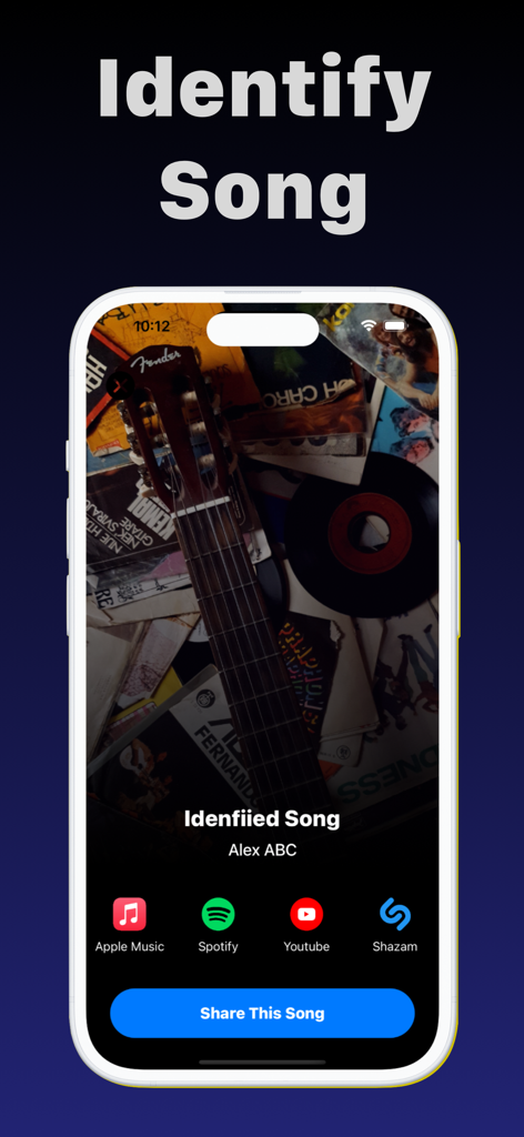 Smartphone screen displaying an identified song with options to share and open in music streaming apps.