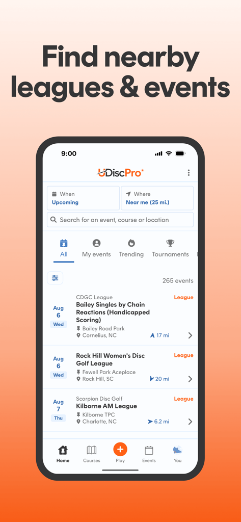UDisc app interface for finding nearby disc golf leagues and events.