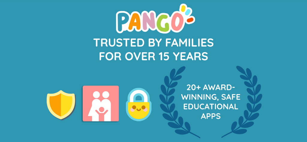 Pango brand banner showing 15 years of trust and 20 plus award winning safe educational apps for children