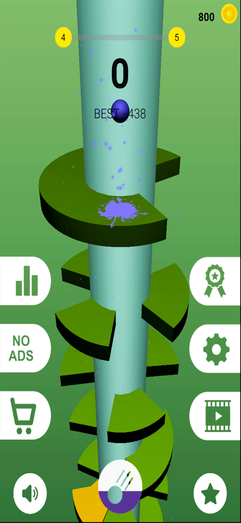 A purple ball bouncing on a green spiral platform in the Helix Bouncy Ball mobile game