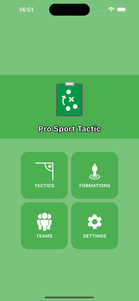 Pro Sport Tactic - Pro Sport Tactic app main menu with buttons for tactics formations teams and settings