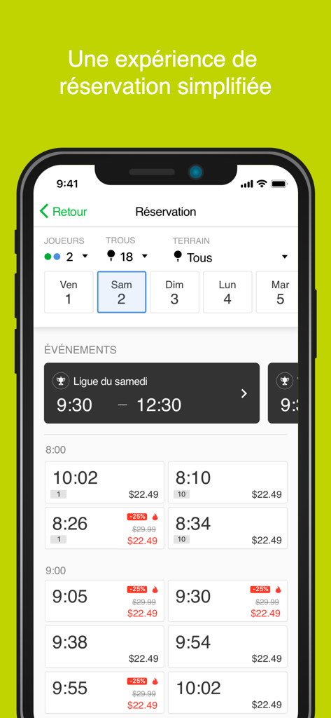 Schermata di prenotazione dell'app mobile Ile Fleurie Golf Club che mostra tee time e tariffe