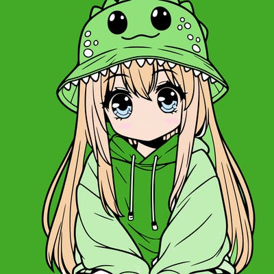girl with anime shaped eyes with a dinosaur bucket hat oversized sweatshirt long straight hair