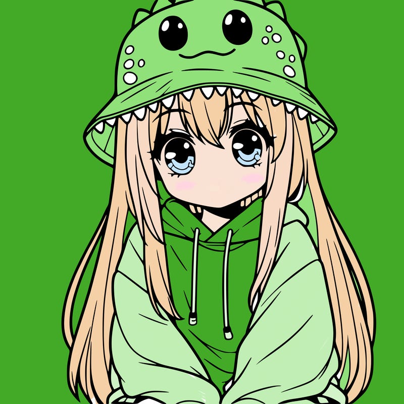 girl with anime shaped eyes with a dinosaur bucket hat oversized sweatshirt long straight hair
