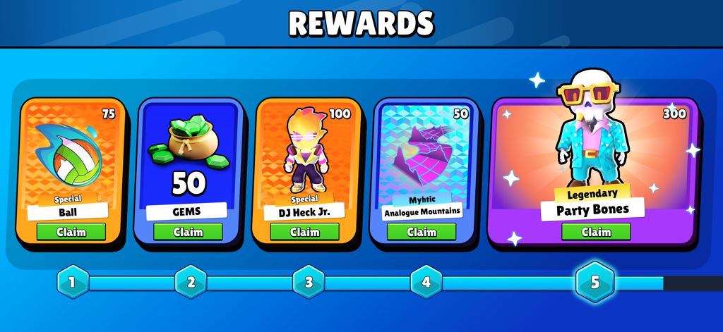 Stumble Guys - Écran de récompenses de Stumble Guys montrant des skins légendaires, des gemmes et des objets de progression