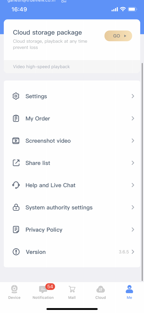 TrueCloud - Benutzerprofil und Einstellungsmenü in der mobilen TrueCloud-Anwendung