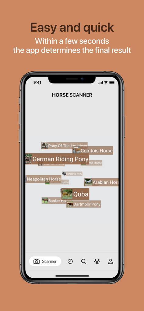 Interfaz de la aplicación Horse Scanner que muestra resultados rápidos de identificación de razas de caballos.