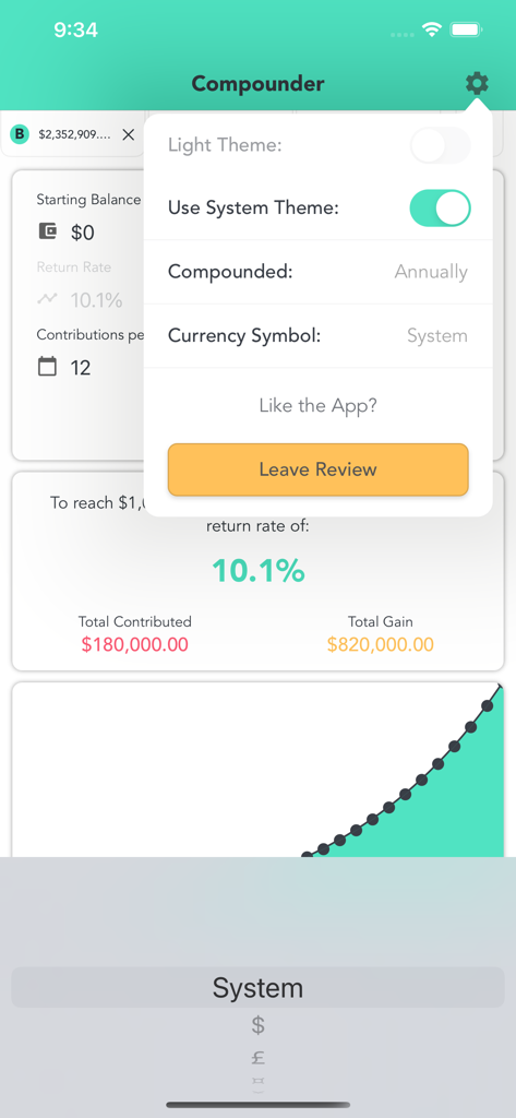Settings menu in the Compound Interest app showing theme and currency options