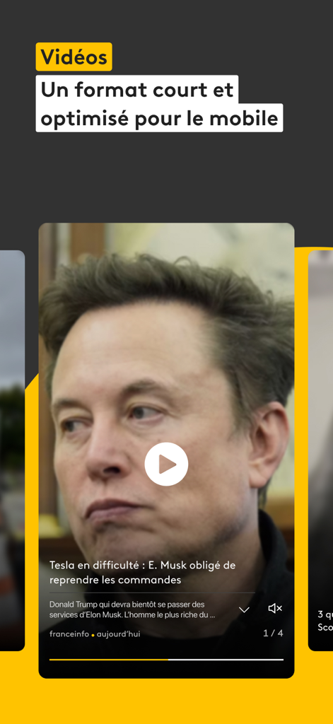 Interfaz de la aplicación franceinfo que muestra un video de noticias vertical optimizado para móviles sobre Elon Musk