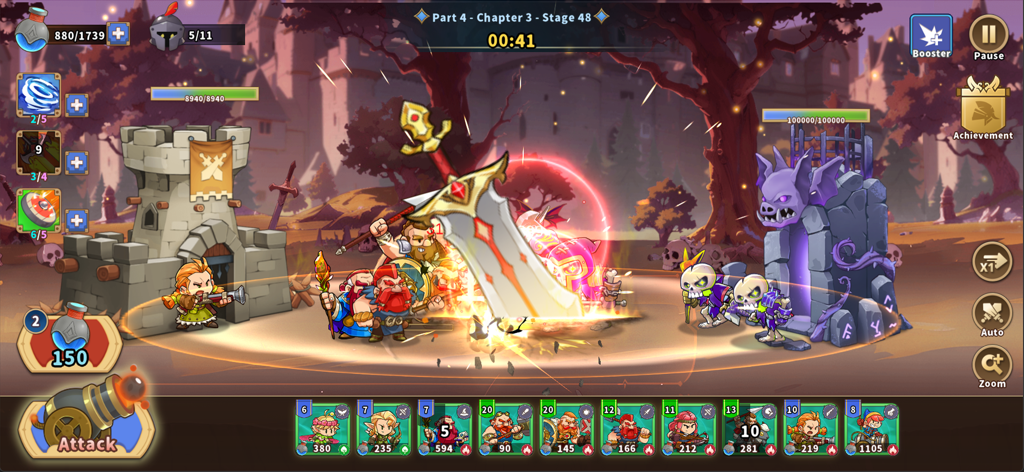 Una escena de batalla en Castle War Defense mostrando héroes defendiendo una torre de piedra contra enemigos esqueléticos con una espada gigante brillante en el centro.