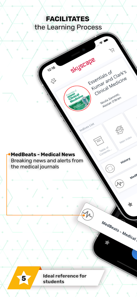 Interface do aplicativo móvel Essentials Clinical Medicine mostrando conteúdo de livro-texto e alertas de notícias médicas MedBeats