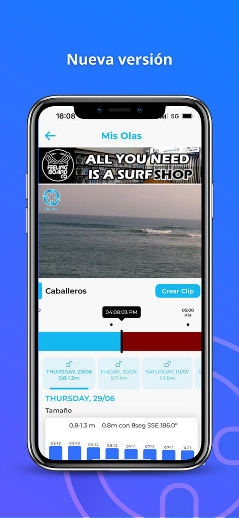 Mis Olas mobile app interface showing a live 4K camera feed of Caballeros beach and ocean swell forecast data.