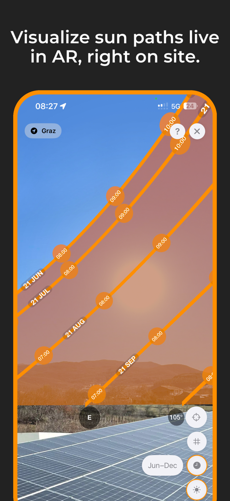 Solartelligent: PV Planner - Augmented reality view showing sun paths over solar panels on a roof