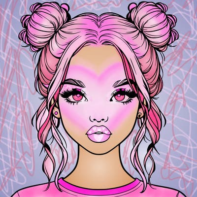 realistic girl with two buns in hair and lips