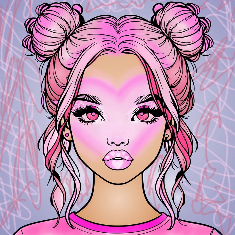 realistic girl with two buns in hair and lips