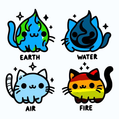 4 cats that represent the different elements, earth, water, air, and fire