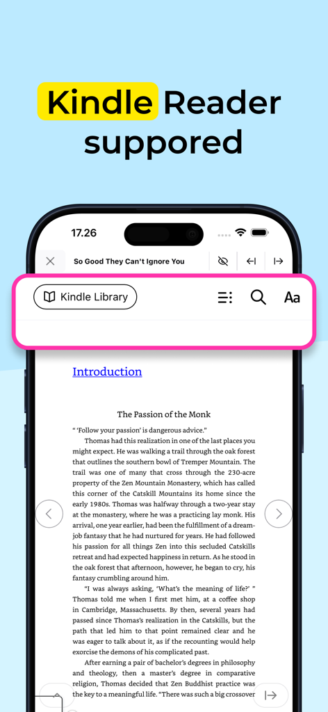 TTS Reader Pro Read Text Aloud - Mobile app screen showing Kindle library support for reading text aloud