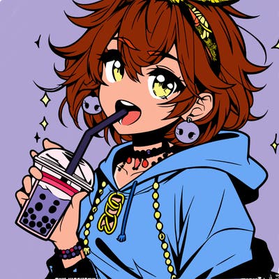 hot baddie anime girl drinking boba and biting the straw