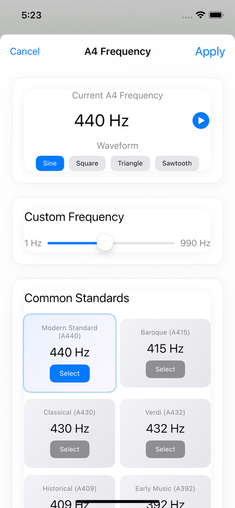 Fine Tuner - A4 frequency settings in the Fine Tuner app showing historical and modern tuning standards.
