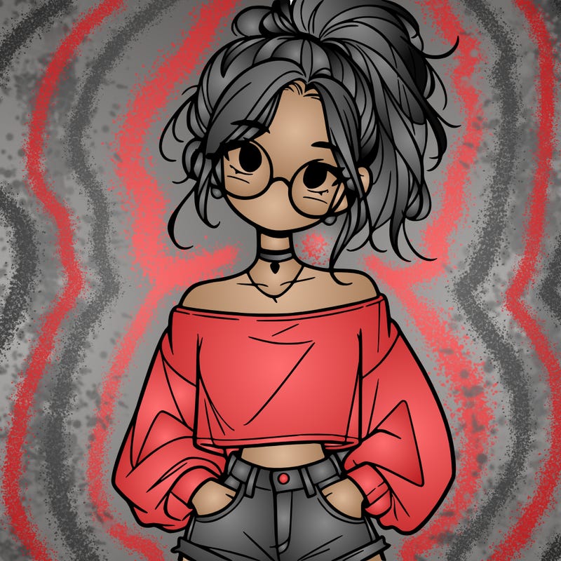 girl with a messy ponytail glasses a baggy crop top and jean shorts