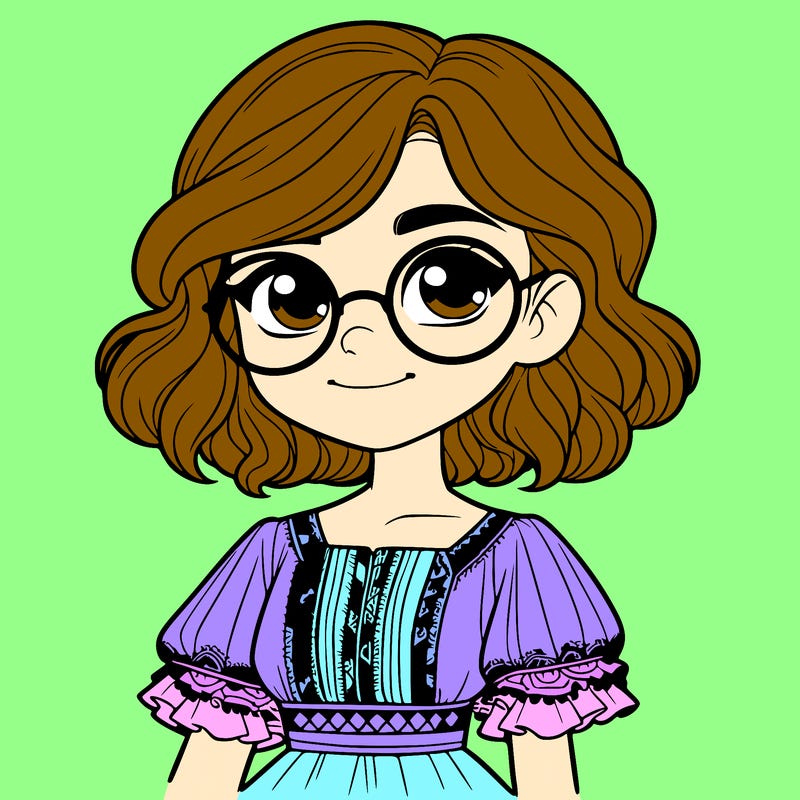 one girl with medium short hair, which are wavy. she has round glasses. she wears a latina outfit.