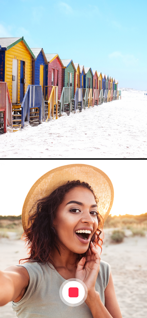 Split-Screen-Aufnahme, die gleichzeitig bunte Strandhütten und eine lächelnde Frau für ein Selfie zeigt