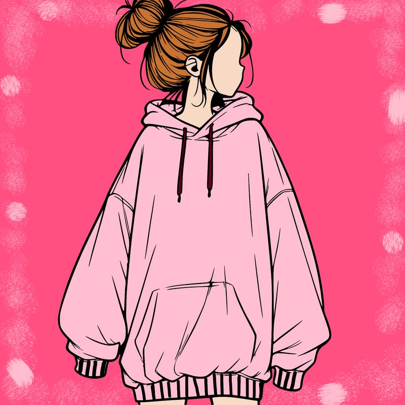realistic girl with a oversized sweatshirt on and a bun