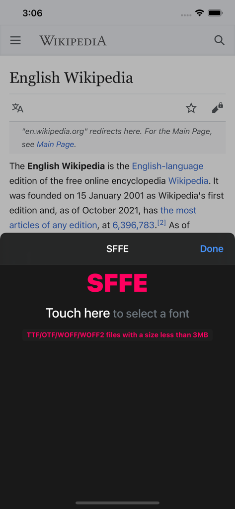 SFFE extension interface overlaying a Wikipedia page with a prompt to select a custom font file.