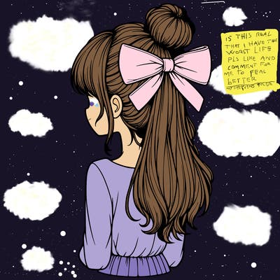realistic girl  with hip length hair a bun and a big bow on the back of head