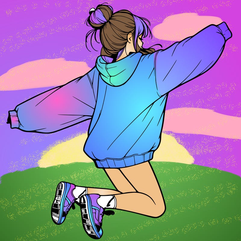 realistic girl jumping with a bun and oversized sweatshirt
