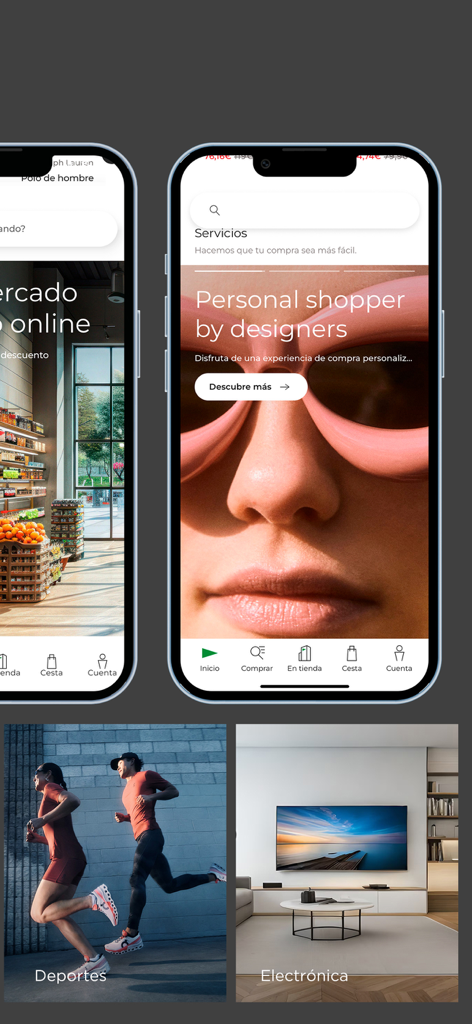 El Corte Inglés - Interface of the El Corte Ingles mobile app showcasing personal shopper services, sports, and electronics categories.