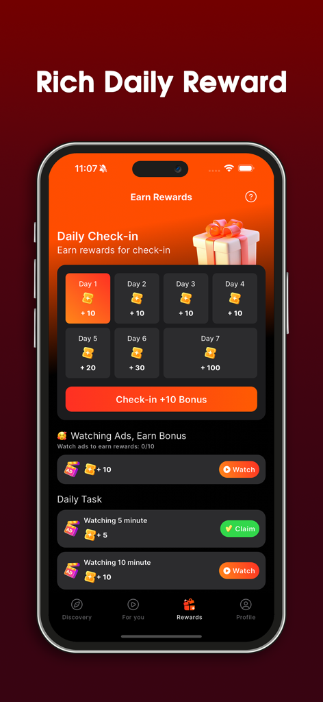 DramaHub: Daily Drama Shorts - Interface de l'application DramaHub montrant la page des récompenses avec un calendrier de connexion quotidienne et des tâches de regarder pour gagner