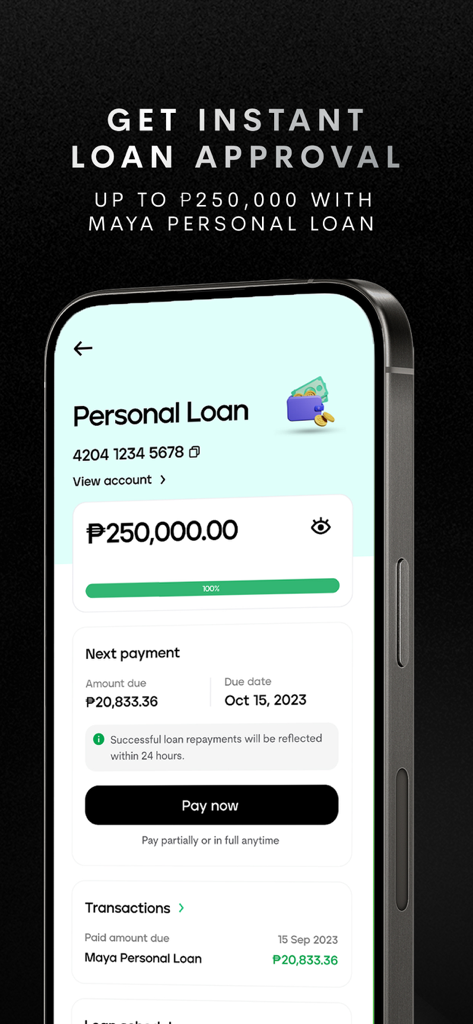 Maya – savings, loans, cards - Capture d'écran de l'application mobile Maya affichant un aperçu du compte de prêt personnel avec une offre d'approbation instantanée jusqu'à 250 000 pesos.