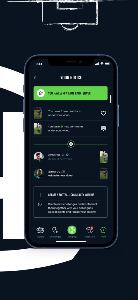 4GOAL - A screenshot of the 4GOAL app showing user notifications including a new silver fame rank and video interactions.