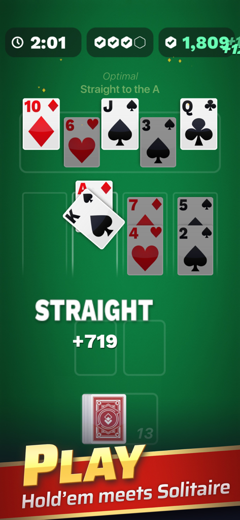 Gameplay of Texas Solitaire Cube showing a straight poker hand on a green background
